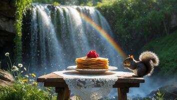 Pancakes by Waterfall with Rainbow and Squirrel in Sunny Meadow photo