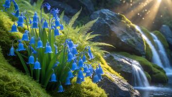 Bluebell Flowers Cascade Waterfall Peaceful Nature Scene with Sunlight photo