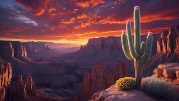 Cactus Blooms in Desert Landscape at Sunset with Vibrant Sky photo