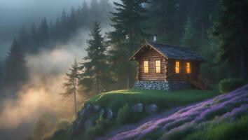Cozy Log Cabin with Light on Hillside with Lavender Flowers photo