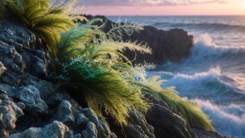 Coastal Grass Growing on Rocky Shoreline with Ocean Waves Crashing photo