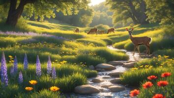Deer Drinking From Stream Flowing Through Meadow with Wildflowers photo