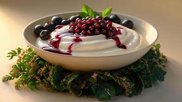 Creamy Dessert with Berries and Mint Garnished on Greenery Base photo