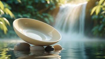 Balanced Bowl on Stones Serene Waterfall Water Background photo