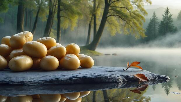Potatoes on Stone Slab by Lake with Trees in Fog photo