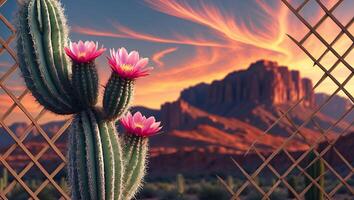 Flowering Cactus at Sunset with Mountain View Behind Lattice Fence photo