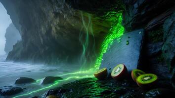 Kiwi Fruit on Rocky Coastline with Green Light Display photo