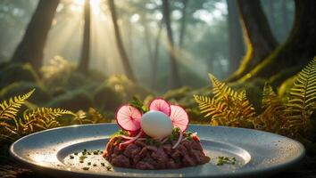 Steak Tartare with Egg and Radish Slices in a Forest Setting photo