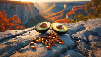 Avocado Halves with Seeds on Stone Overlooking Dramatic Canyon Landscape photo