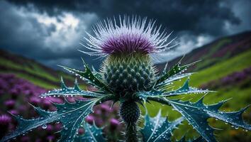 Thistle Bloom with Water Droplets in Scottish Highlands Landscape photo