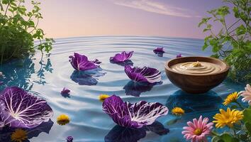 Floating Cabbage Leaves and Flower Petals with Bowl in Surreal Water photo