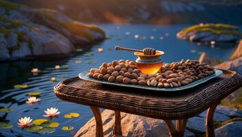 Almonds and Honey at Lakeside Wicker Table Setting for Healthy Lifestyle photo
