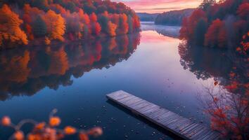 Scenic Autumn Lake Reflection with Wooden Dock and Colorful Trees photo
