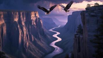 Eagles Soaring Over Majestic Canyon River Landscape at Twilight Time photo