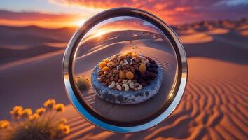 Assorted Nuts and Dried Fruit on Stone Plate with Desert Backdrop photo