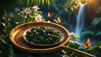 Serving Spinach Salad on Tray with Waterfall and Butterflies photo
