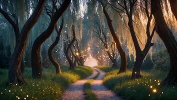 Walking Along a Magical Forest Path with Willow Trees and Lights photo