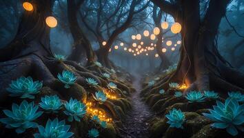 Walking Through Magical Forest Path Lit by Paper Lanterns at Dusk photo