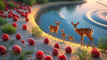 Deer Family Walking Near Water Surrounded by Raspberries at Sunset photo