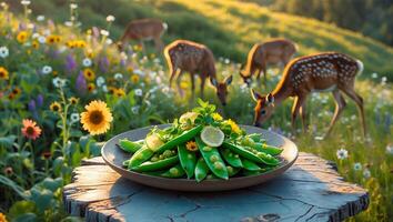 Plate of Fresh Green Peas on Table with Deer Grazing Behind photo