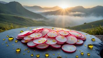 Sliced Radishes on Stone Surface with Mountain View at Sunrise photo