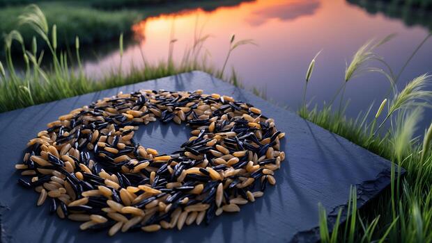 Arrangement of Wild Rice Grains in Circle Shape on Slate Plate photo