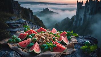 Refreshing Watermelon Salad with Basil and Bread Overlooking Misty Landscape photo