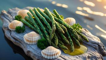 Arrangement of Asparagus with Seashells on Rustic Wooden Surface photo