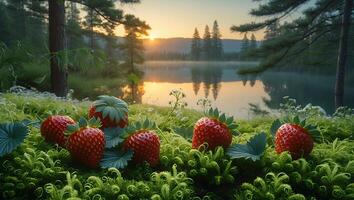 Strawberries Growing in Moss at Sunrise Near a Calm Lake photo