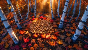 Pile of Nuts in Autumn Forest Among Birch Trees and Leaves photo