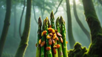 Serving Asparagus and Almonds in a Forest Setting for Lunch photo