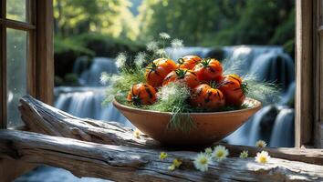 Fresh Tomatoes on Wooden Sill with Waterfall View and Flowers photo