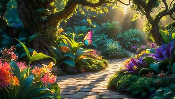 Walking on Stone Path in Lush Garden with Sun Ray and Butterfly photo