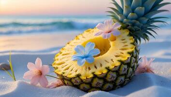 Pineapple Slice Adorned with Flowers on Sandy Beach at Sunset photo