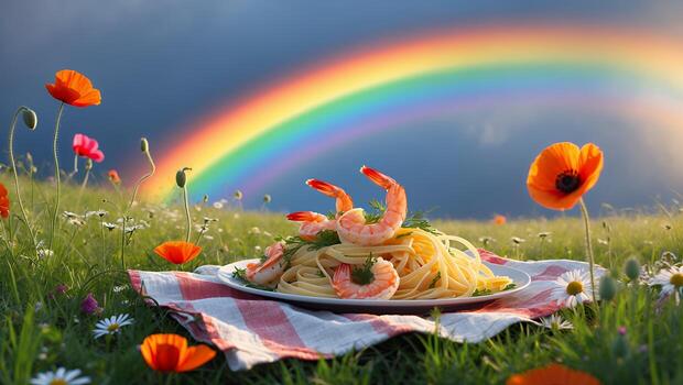 Pasta with Shrimp in Meadow Landscape with Rainbow Background photo