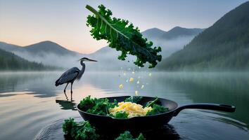 Preparing Kale with Cheese Outdoors in a Lake Landscape Scene photo