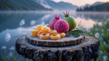 Fruits and Citrus Slices on Wooden Platform with Lakeside Mountain View photo