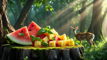 Fresh Fruit Display with Wildlife in a Sunny Forest Setting photo