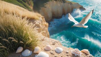 Seagull Flying Over Cliffside with Shells and Turquoise Ocean Waves photo