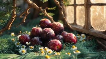 Plums with Sugar on Pine Needles and Daisies Still Life photo