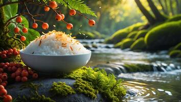 Serving Rice with Berries by Flowing River in a Natural Setting photo