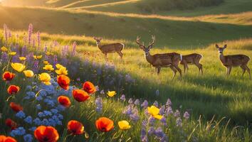 Deer Grazing in Wildflower Meadow at Sunset with Golden Light photo