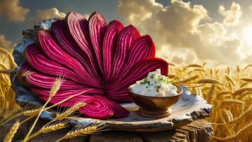 Preparing Sliced Beetroot and Cream Cheese Dip Outdoors in Field photo