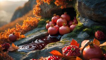 Pomegranates by Rock Cave with Autumn Foliage and Flowing Juice photo