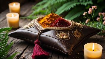 Spices in Decorated Pouch with Candles and Ferns on Wood photo