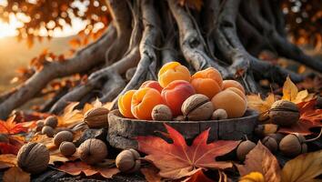 Apricots and Walnuts Displayed on Fallen Autumn Leaves by Tree Roots photo