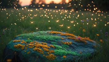 Mossy Rock Landscape with Sparkling Lights and Meadow at Sunset photo