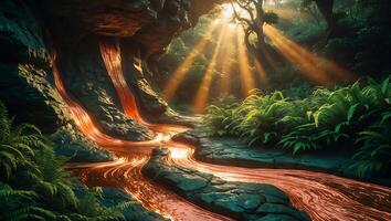 Glowing Stream Flows Through Forest Cave with Sunlight and Ferns photo