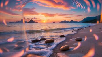Sunset on Sandy Beach with Stones and Gentle Waves Washing Ashore photo