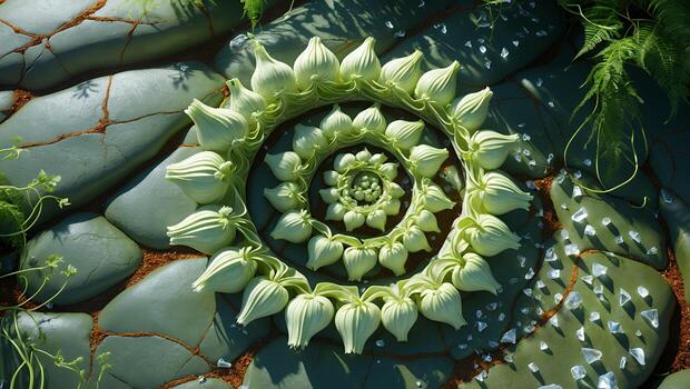 Arrangement of Flower Buds in Spiral on Rock Surface with Ferns photo